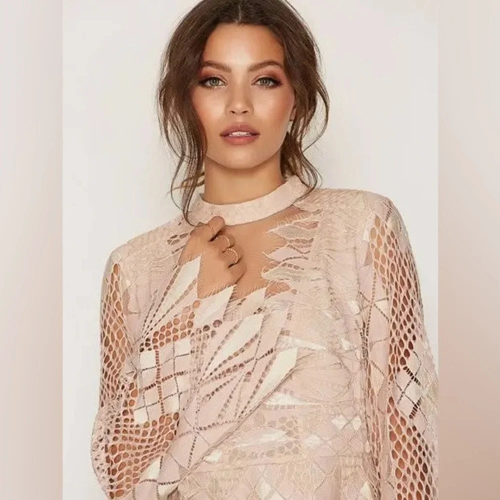 Free People Deco Lace Ivoy Combo Long Bell Sleeve Mesh Inserts Mini Dress NWT 4